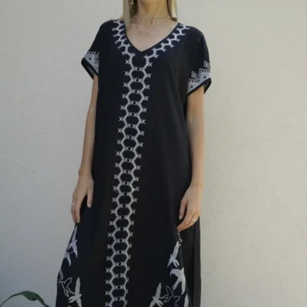 Floral Embroidered V-Neck Swimsuit Cover-Up Kaftan Dress - Picture 16 of 16